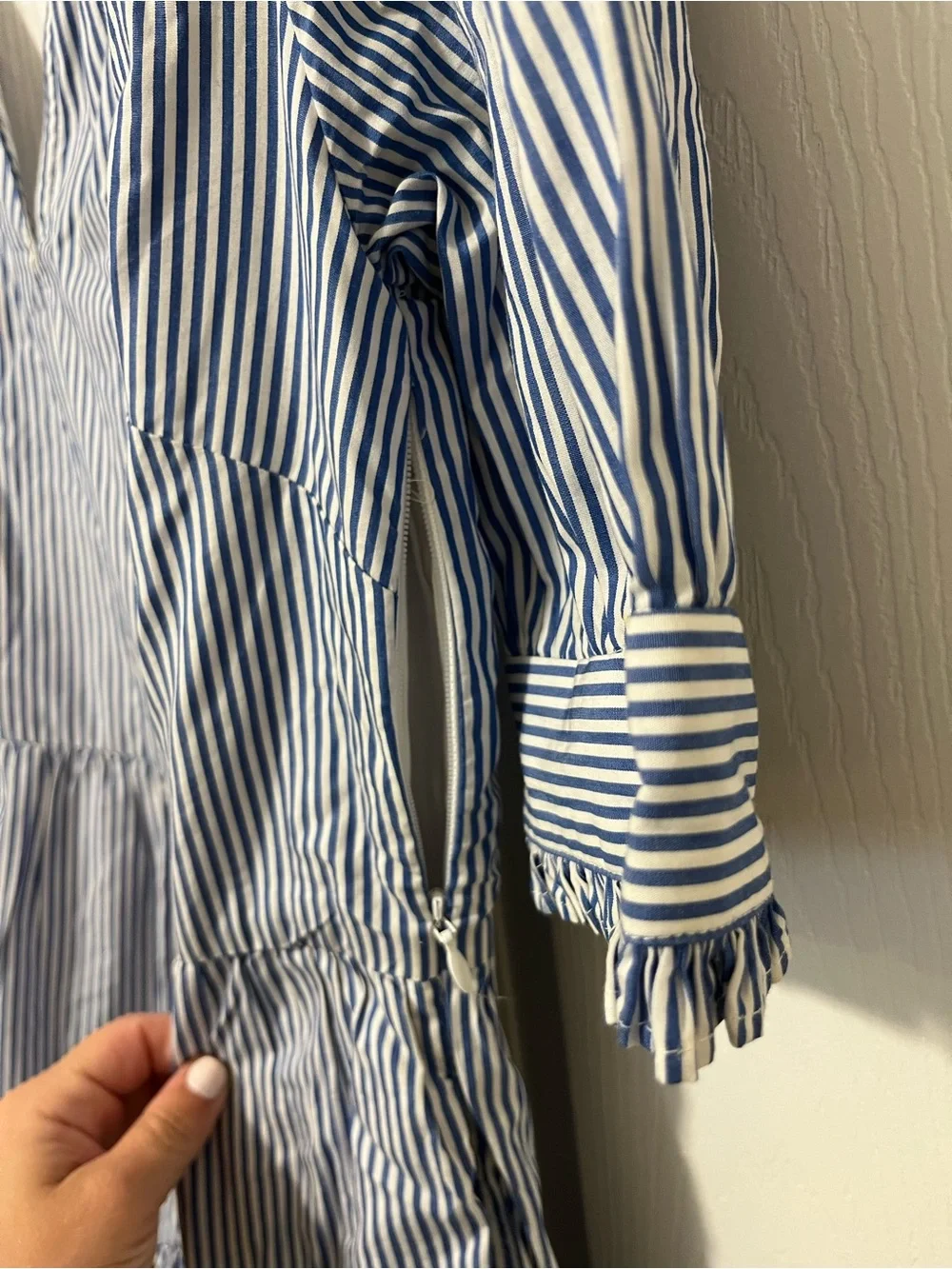 J. Crew Blue and White Striped Tiered Midi Dress